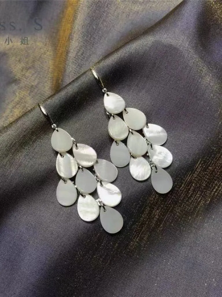 Off white shell tassels drop long earrings