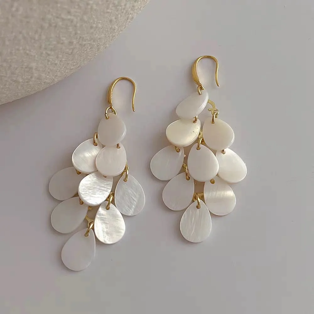 Off white shell tassels drop long earrings
