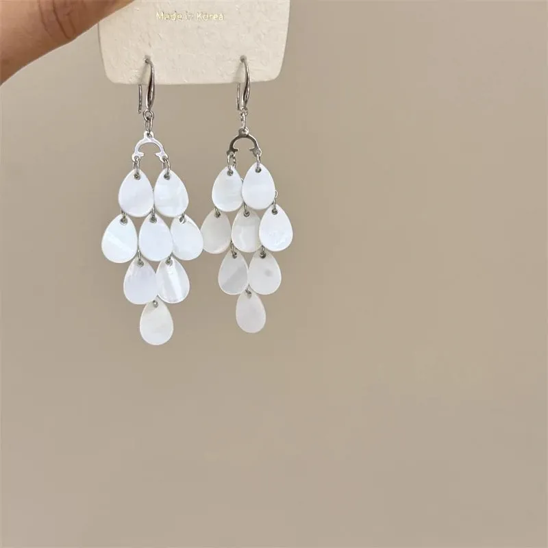 Off white shell tassels drop long earrings
