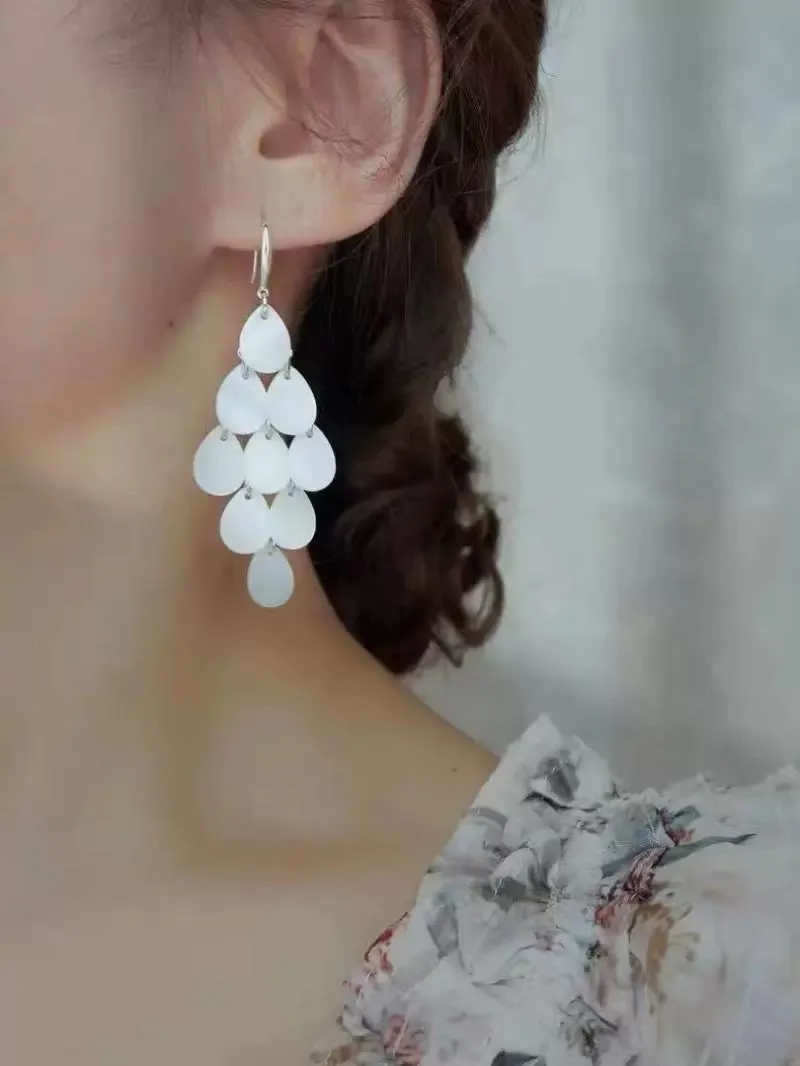 Off white shell tassels drop long earrings