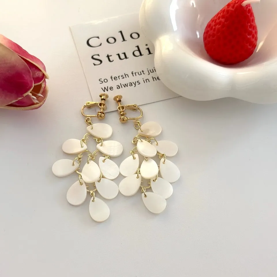 Off white shell tassels drop long earrings