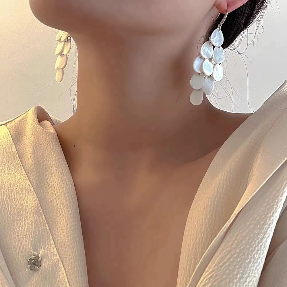 Off white shell tassels drop long earrings