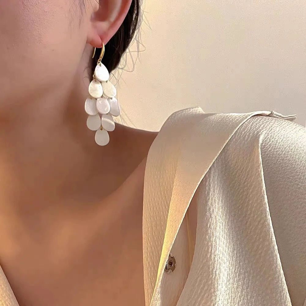 Off white shell tassels drop long earrings