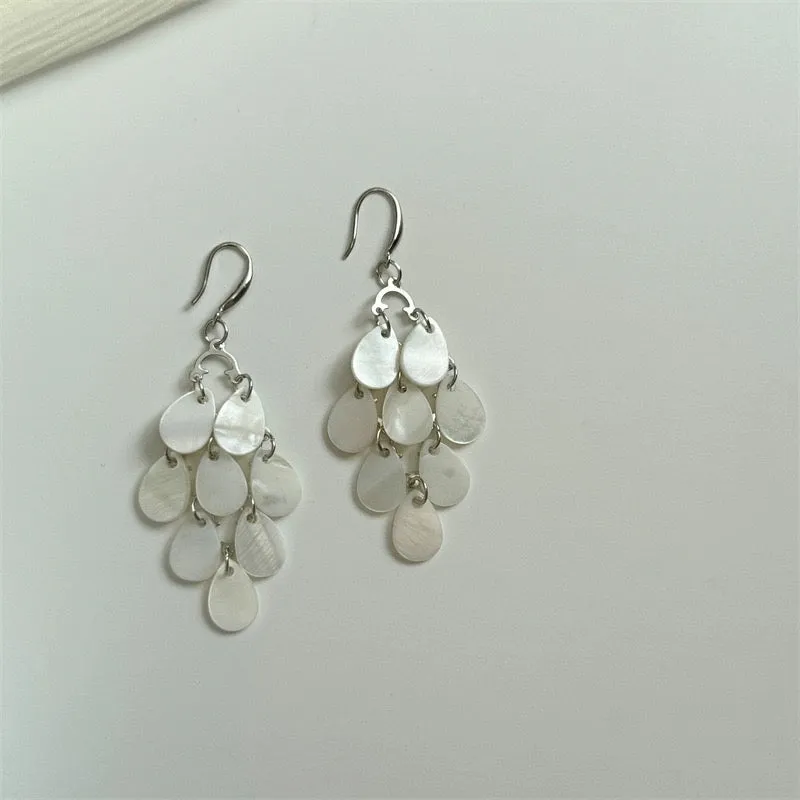 Off white shell tassels drop long earrings