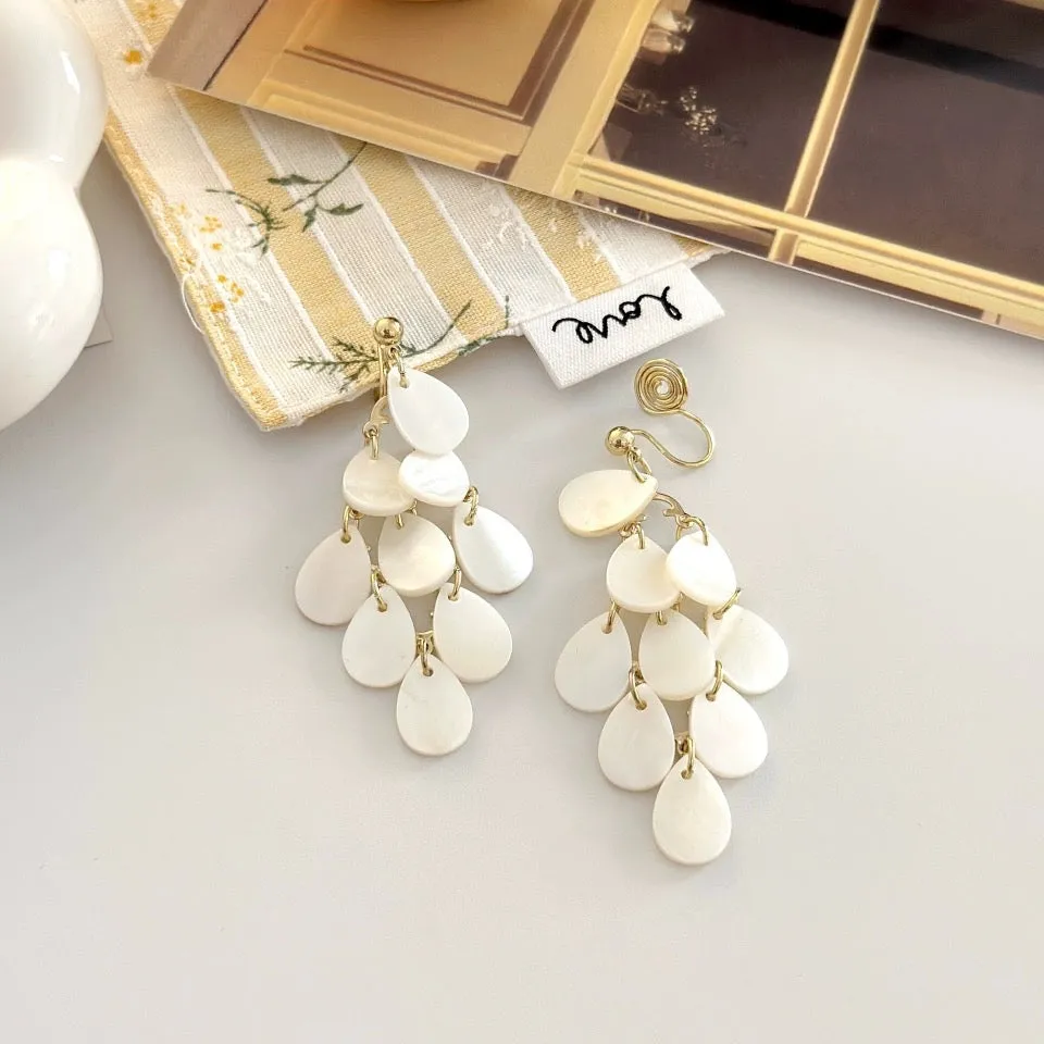 Off white shell tassels drop long earrings