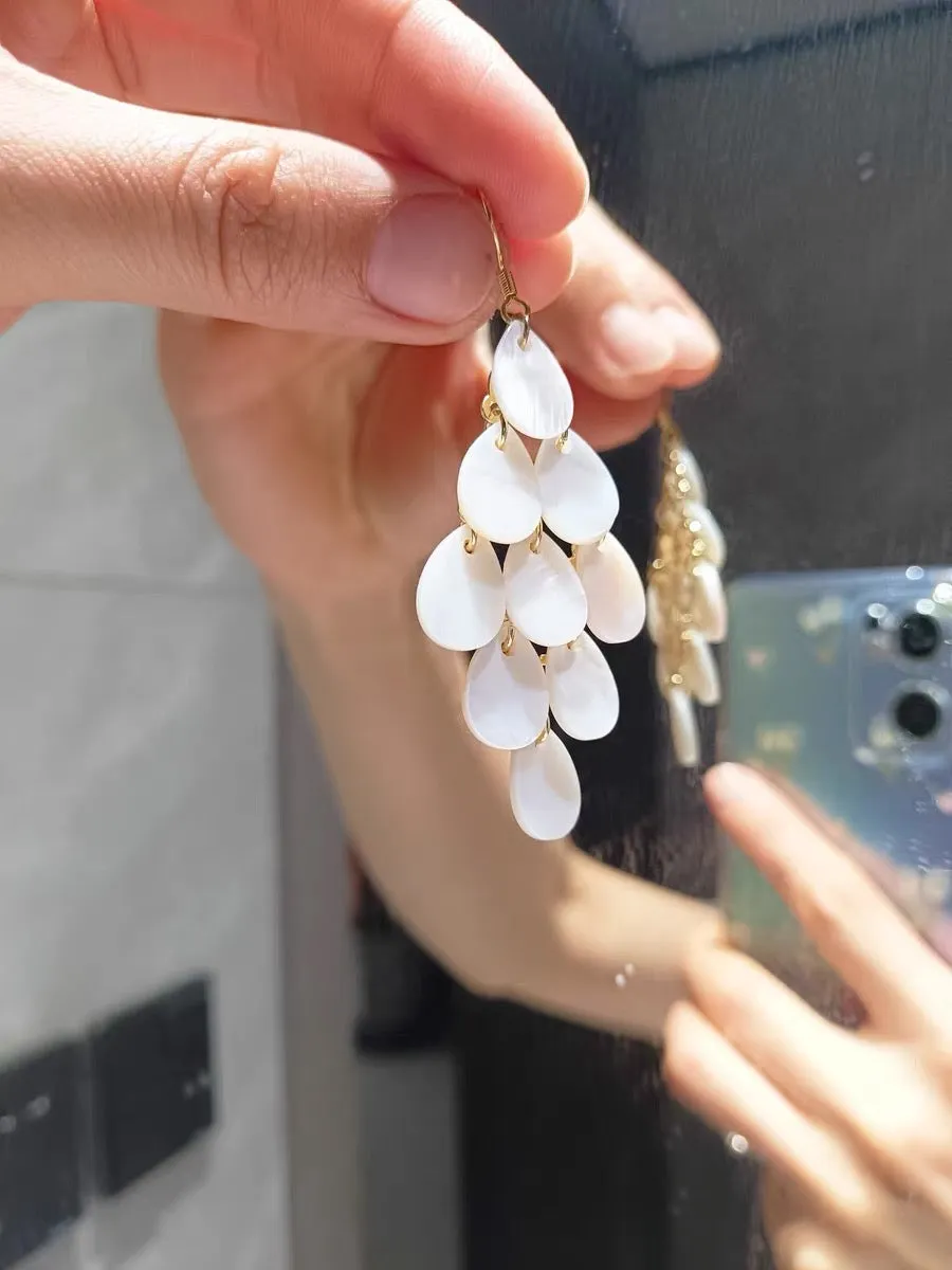Off white shell tassels drop long earrings