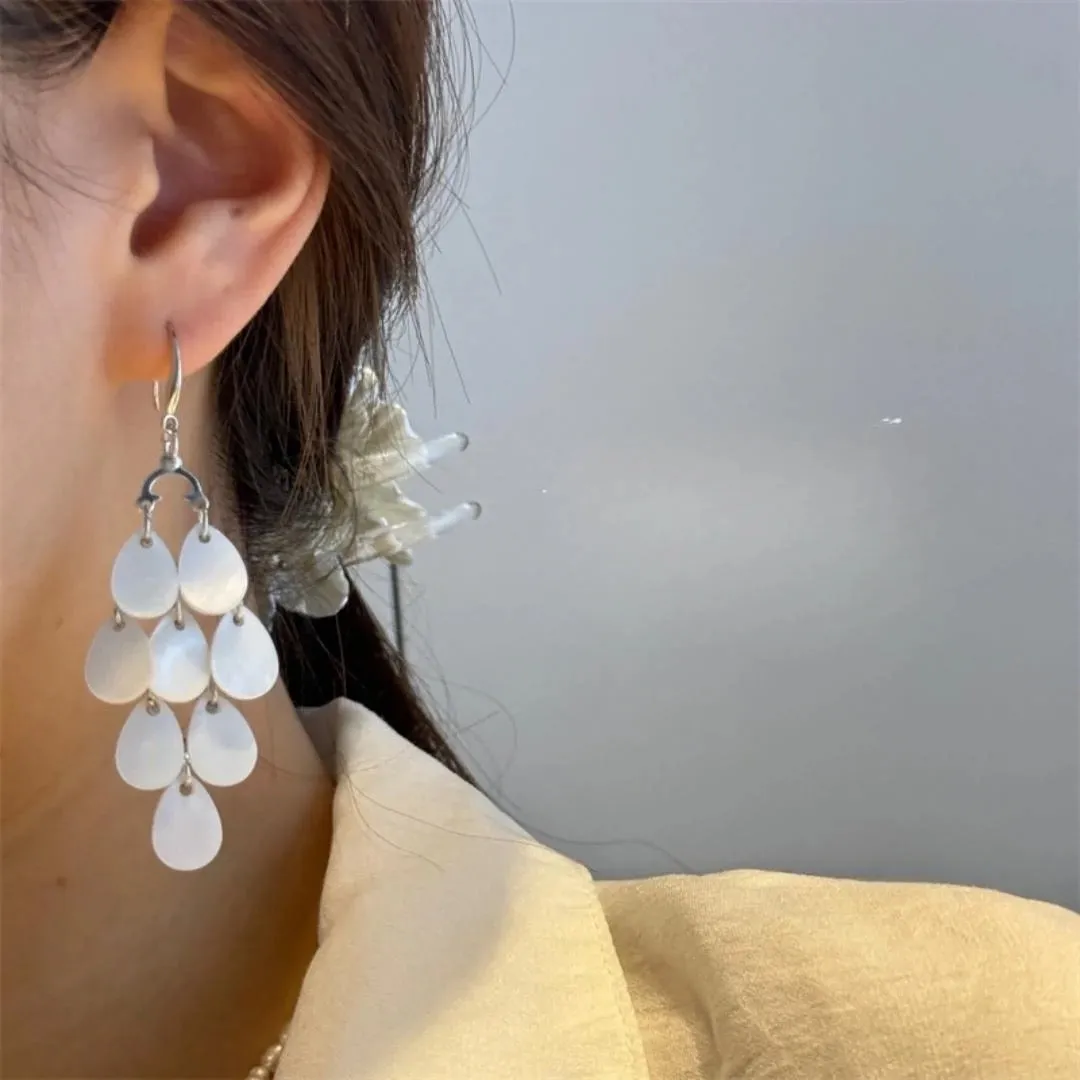 Off white shell tassels drop long earrings