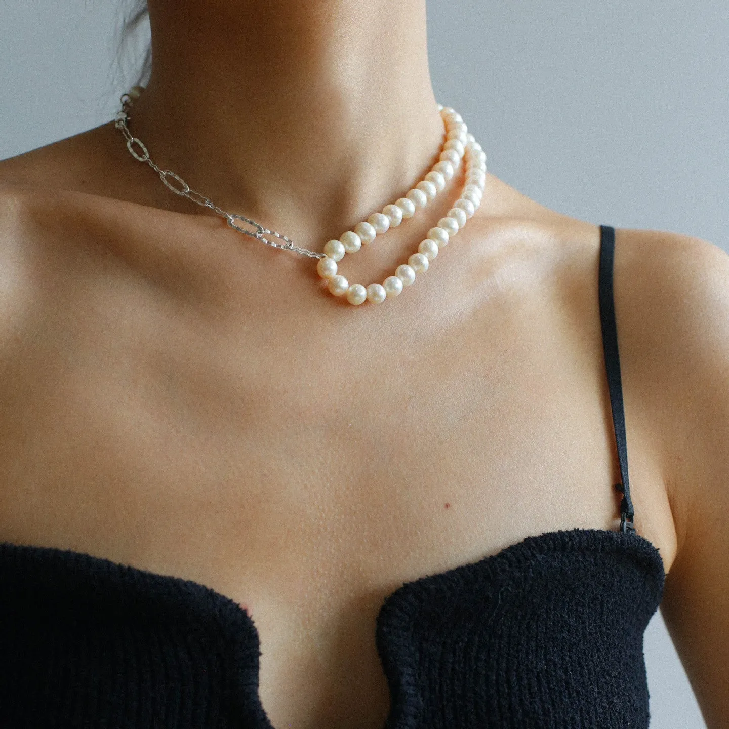 Oval Link Chain Splicing Double Layer Pearl Choker