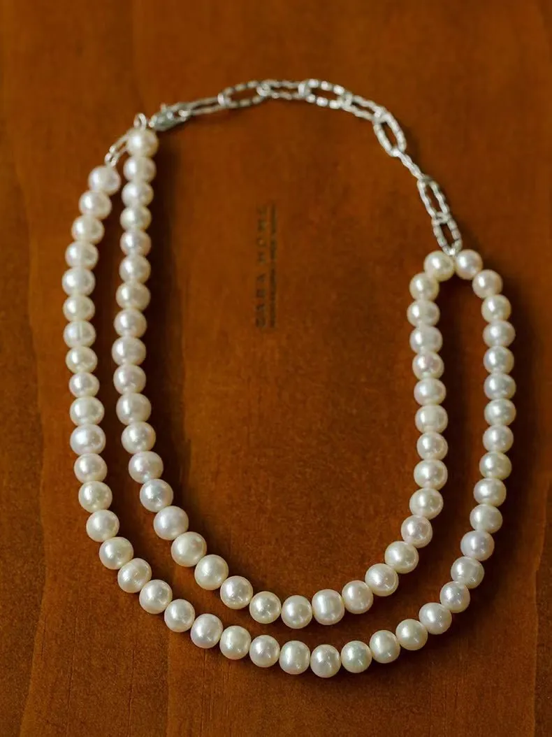 Oval Link Chain Splicing Double Layer Pearl Choker