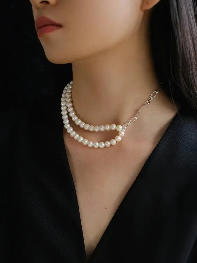 Oval Link Chain Splicing Double Layer Pearl Choker