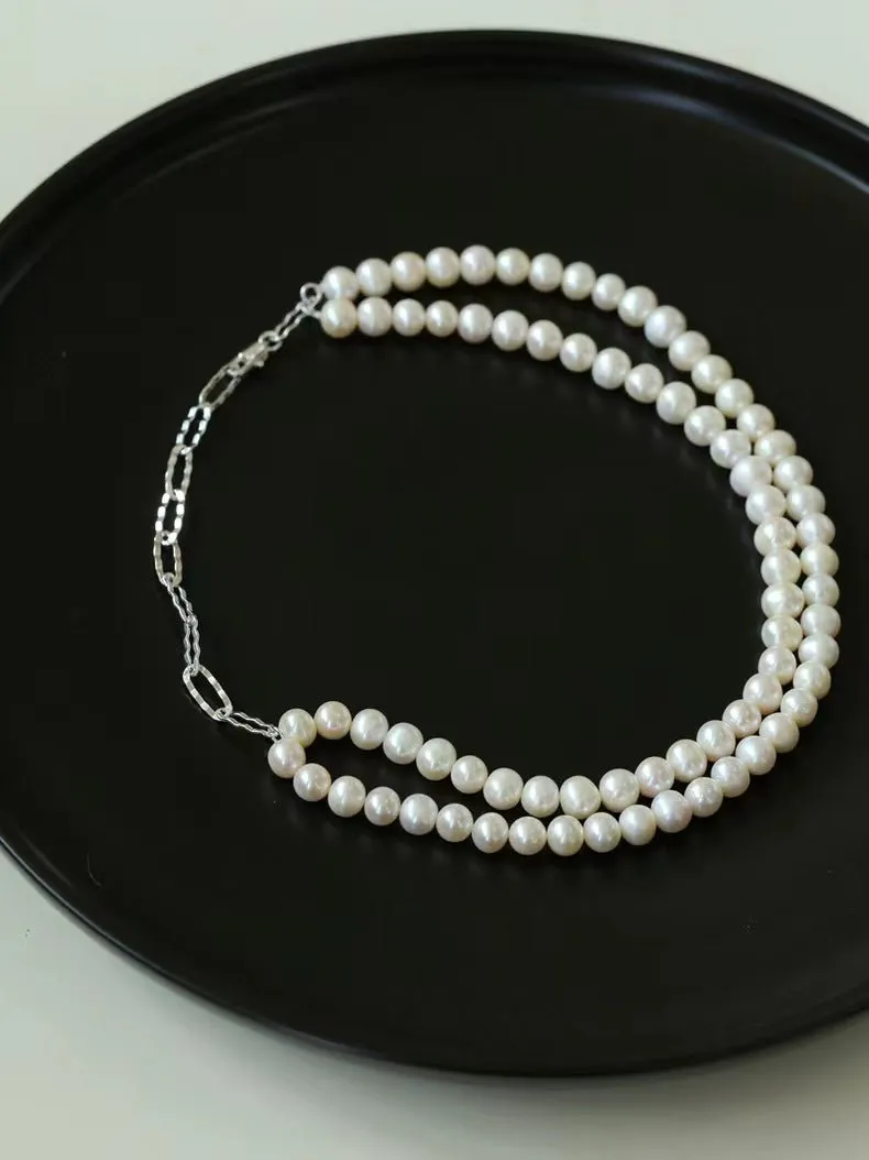 Oval Link Chain Splicing Double Layer Pearl Choker