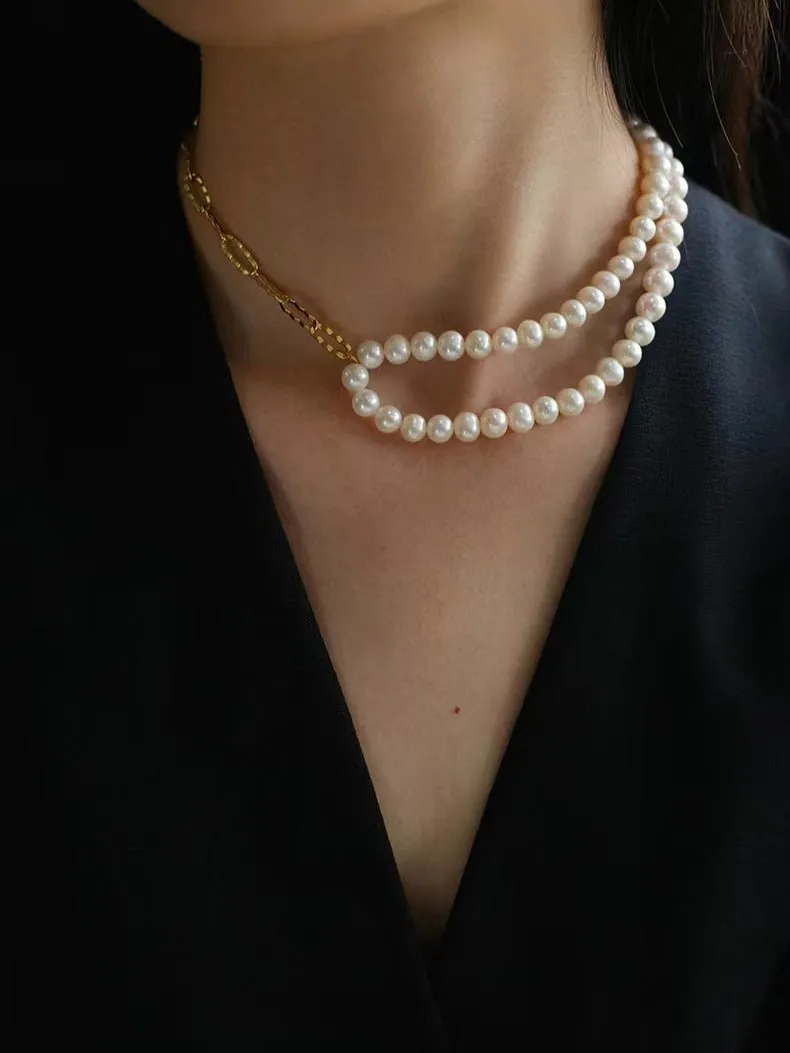Oval Link Chain Splicing Double Layer Pearl Choker