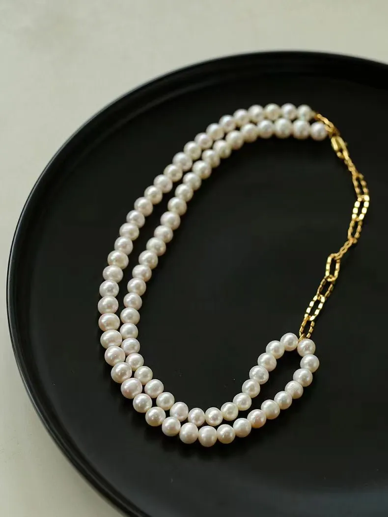 Oval Link Chain Splicing Double Layer Pearl Choker