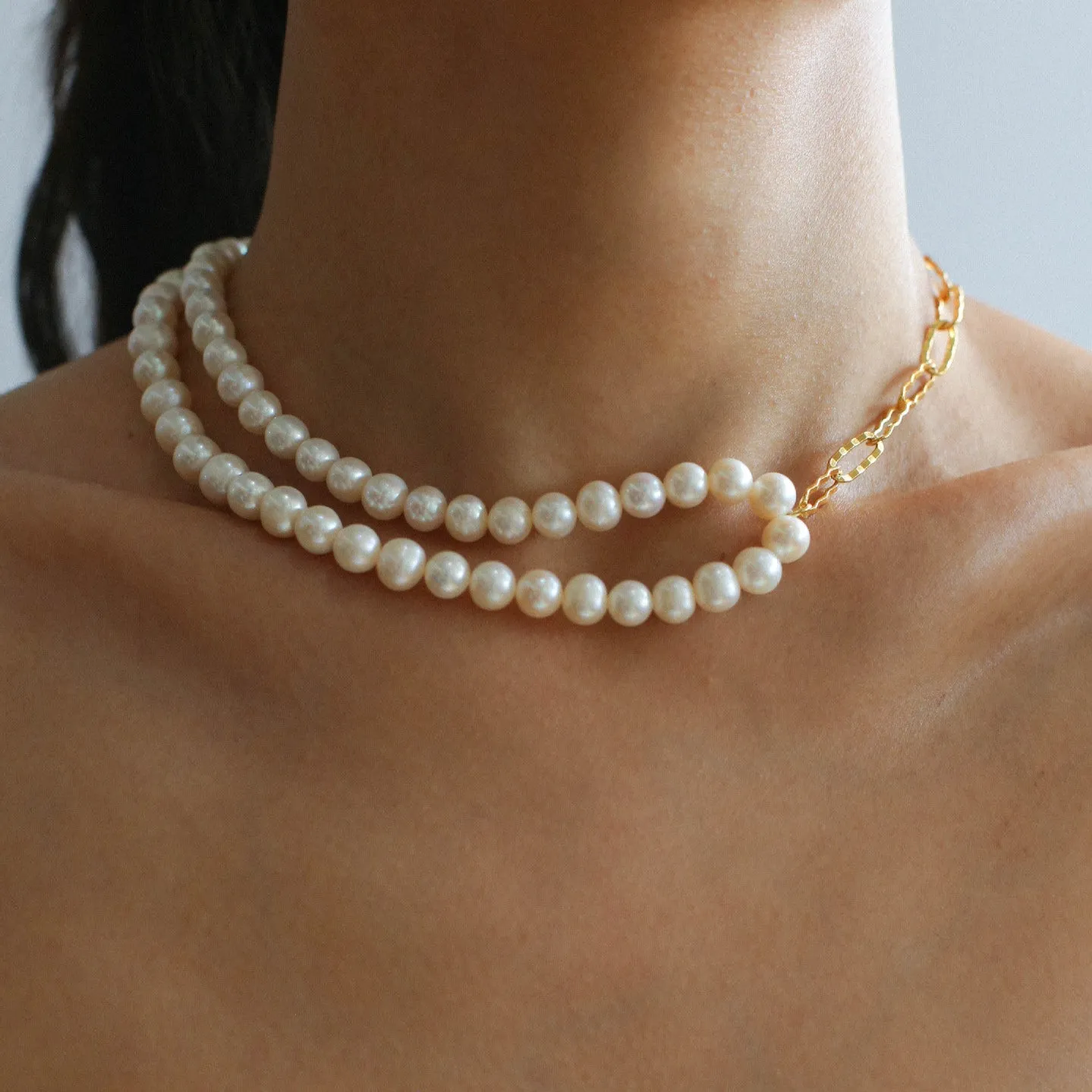 Oval Link Chain Splicing Double Layer Pearl Choker