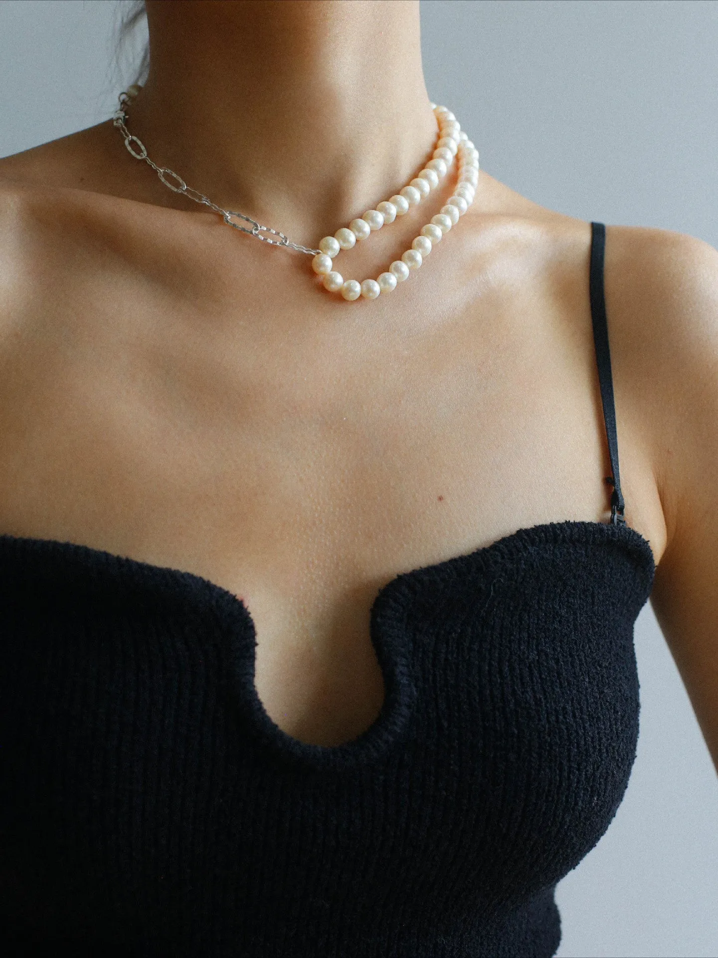 Oval Link Chain Splicing Double Layer Pearl Choker