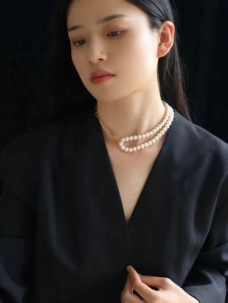 Oval Link Chain Splicing Double Layer Pearl Choker