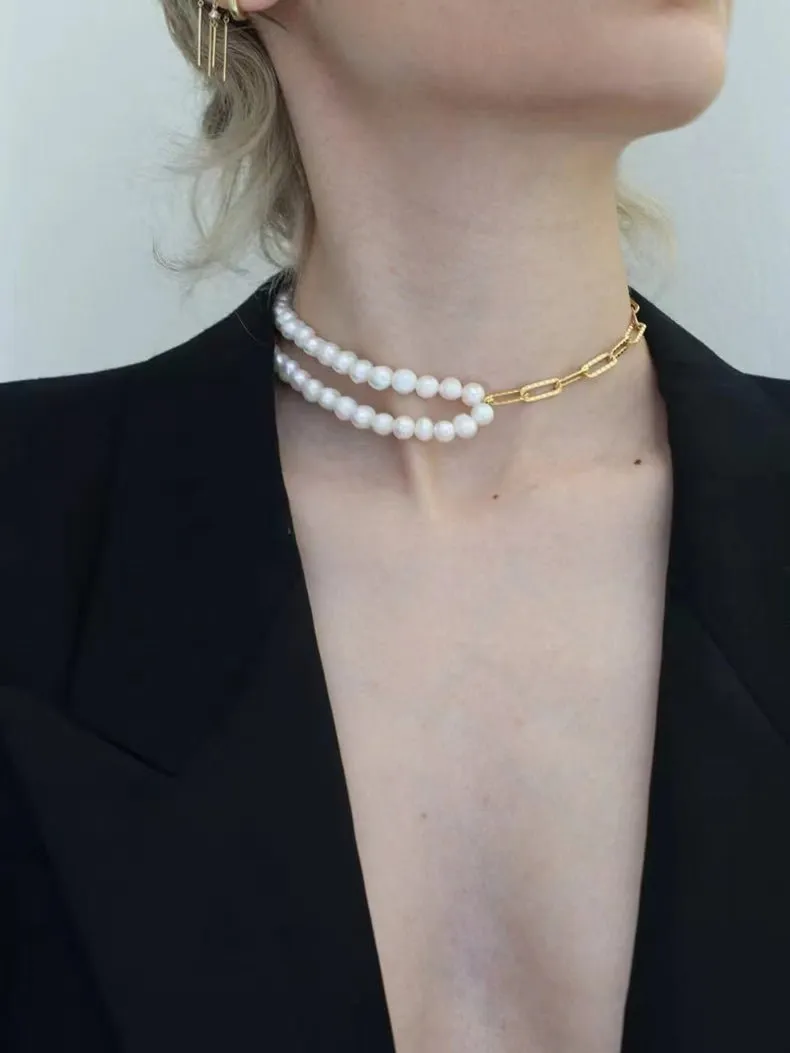 Oval Link Chain Splicing Double Layer Pearl Choker
