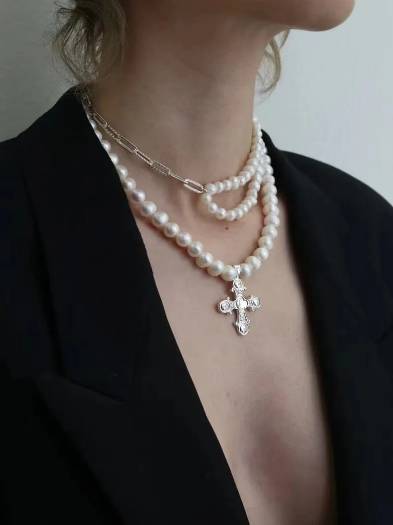 Oval Link Chain Splicing Double Layer Pearl Choker