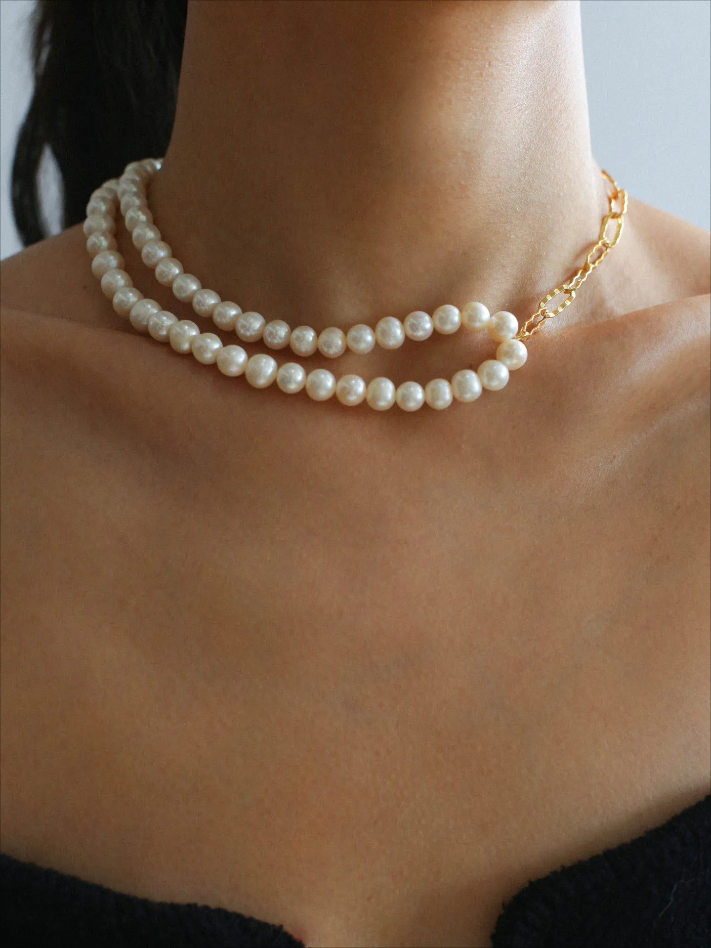 Oval Link Chain Splicing Double Layer Pearl Choker