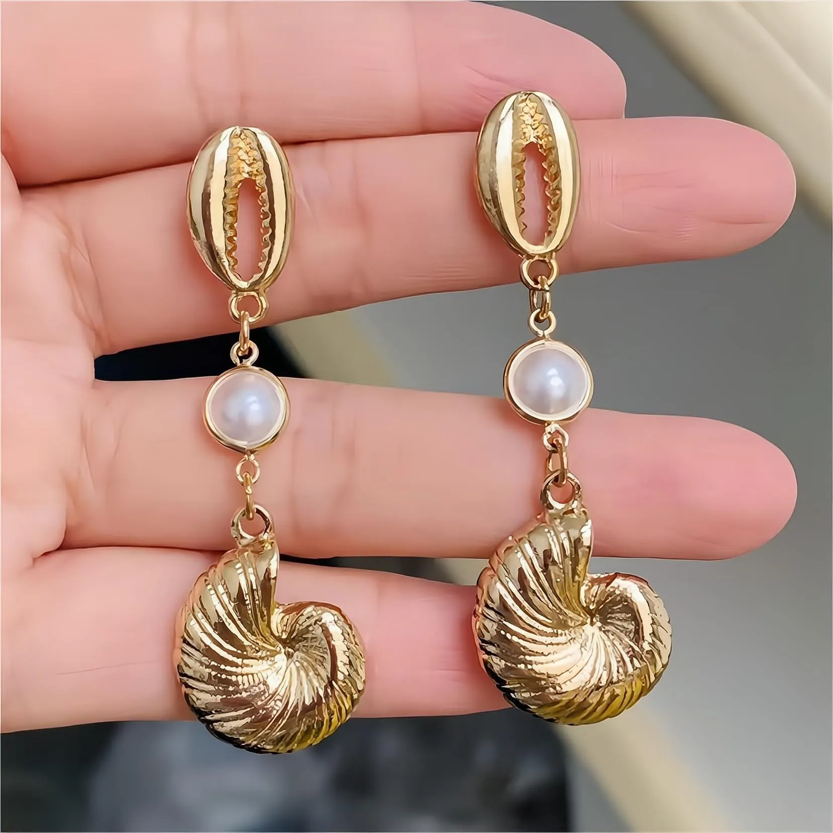 Pearl Charm Metallic Conch Shell Earrings