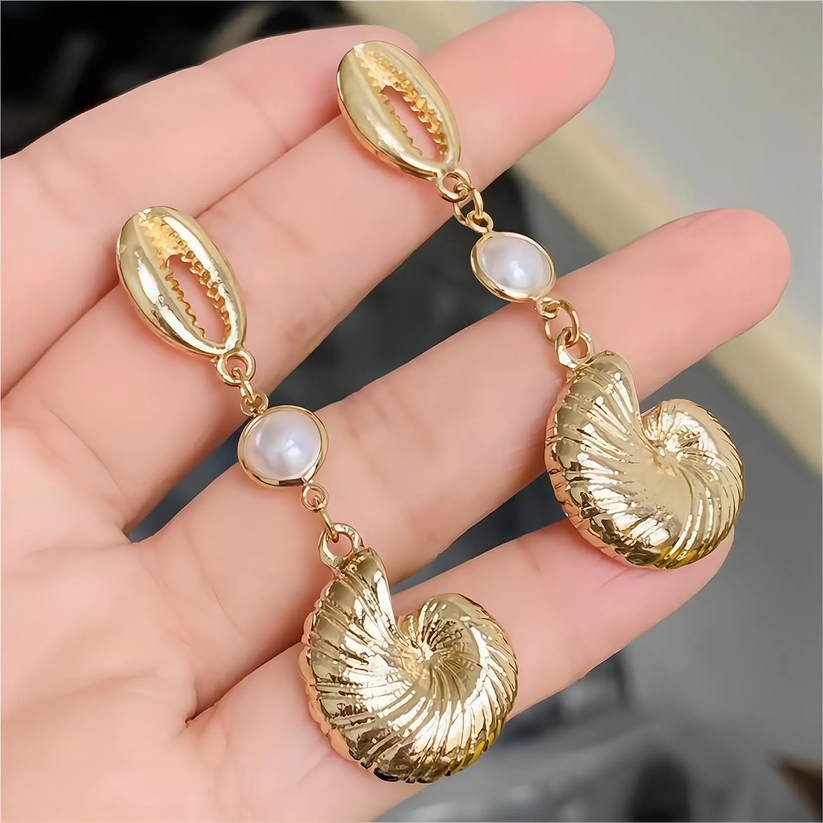 Pearl Charm Metallic Conch Shell Earrings