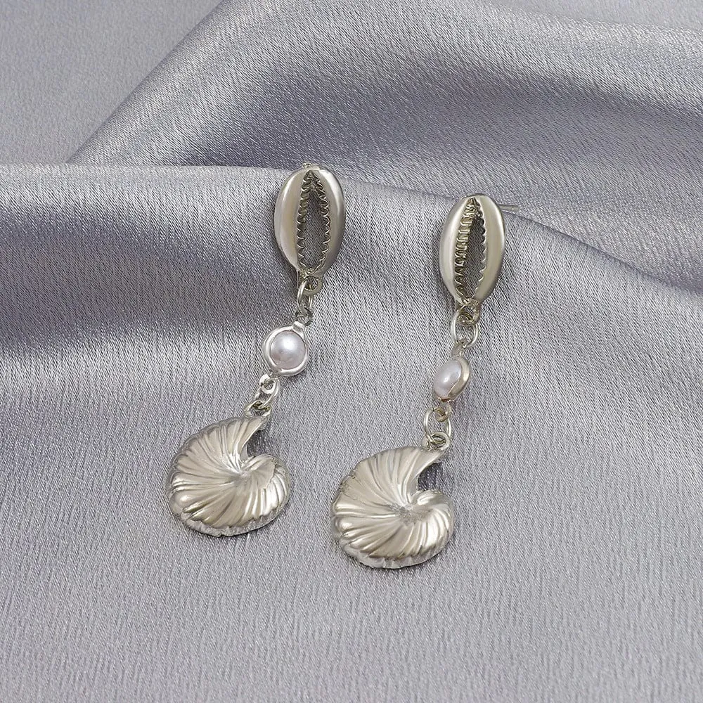 Pearl Charm Metallic Conch Shell Earrings
