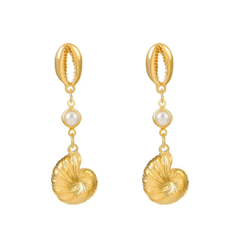 Pearl Charm Metallic Conch Shell Earrings