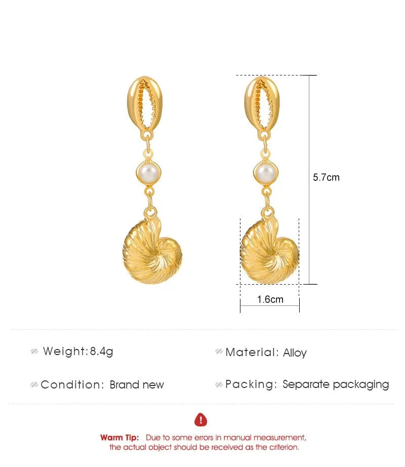 Pearl Charm Metallic Conch Shell Earrings