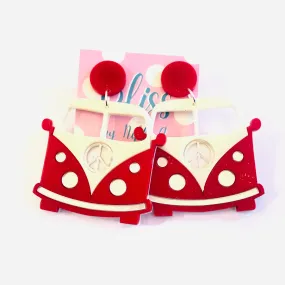 Red Peace Hippie Van Acrylic Statement Earrings