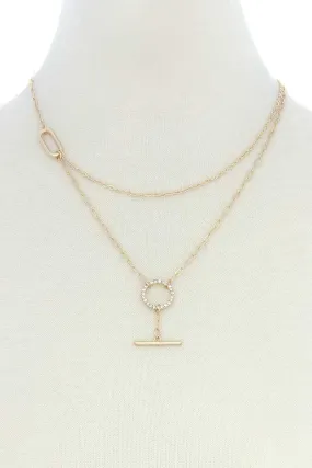 Rhinestone Ring Metal Bar Layer Necklace