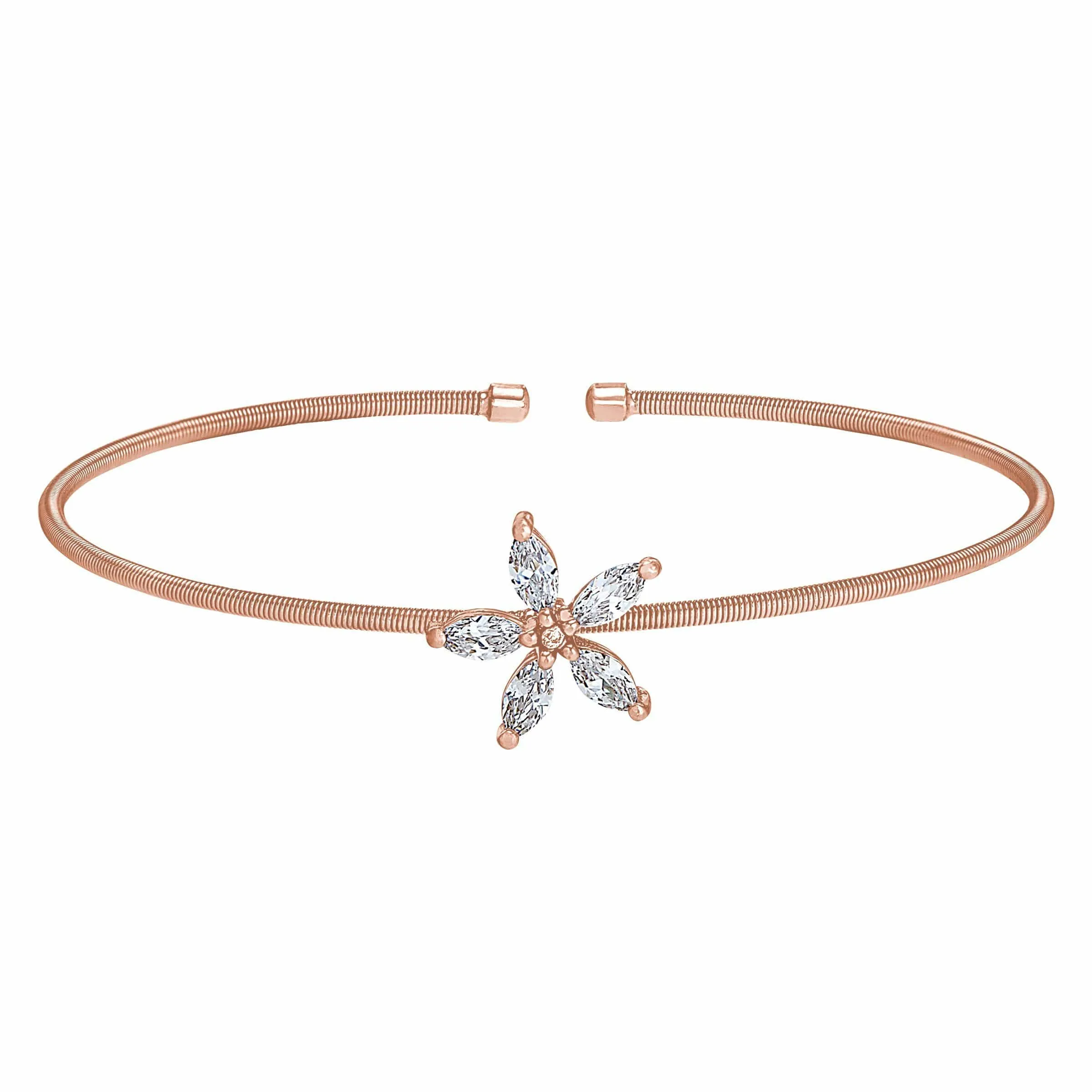 Rose Gold Finish Sterling Silver Cable Cuff Flower Bracelet - LL7084B-RG