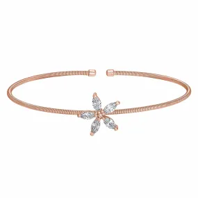 Rose Gold Finish Sterling Silver Cable Cuff Flower Bracelet - LL7084B-RG