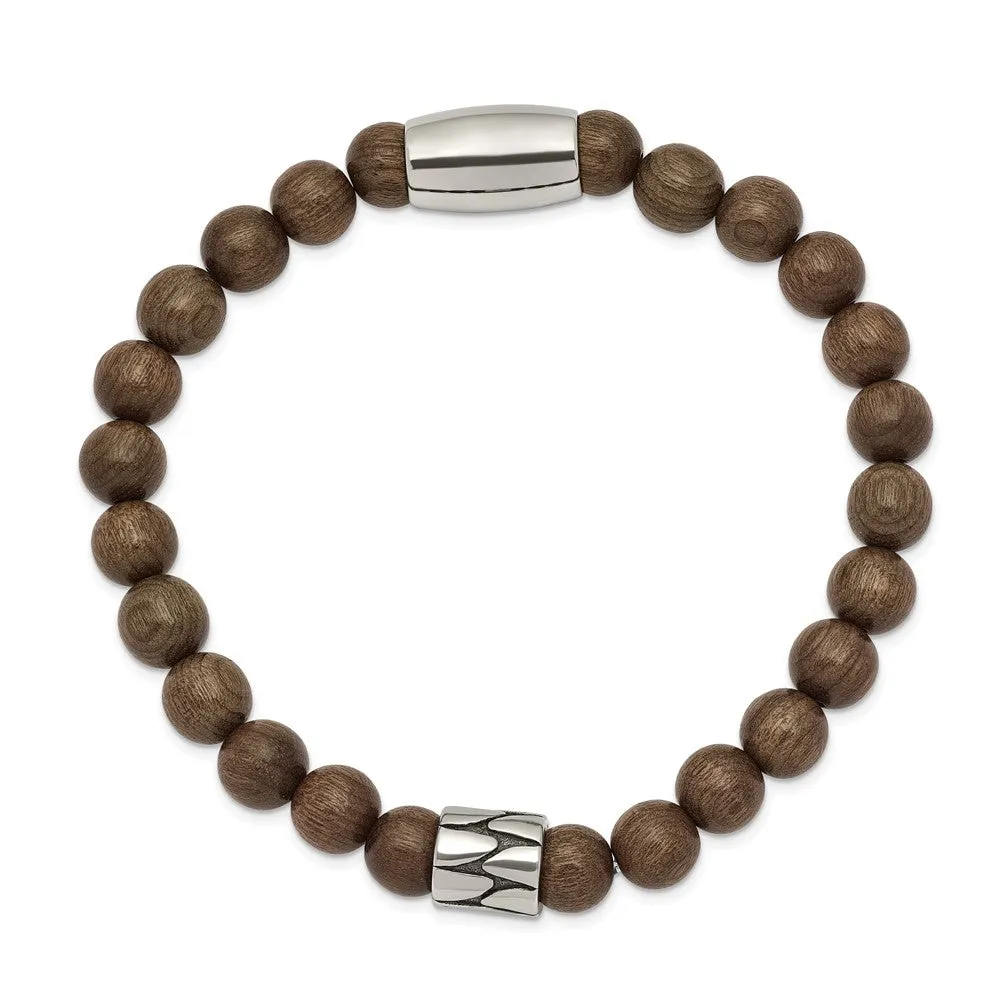 Stainless Steel Antiqued & Polished Dark Brown Phoebe Wood Stretch Bracelet