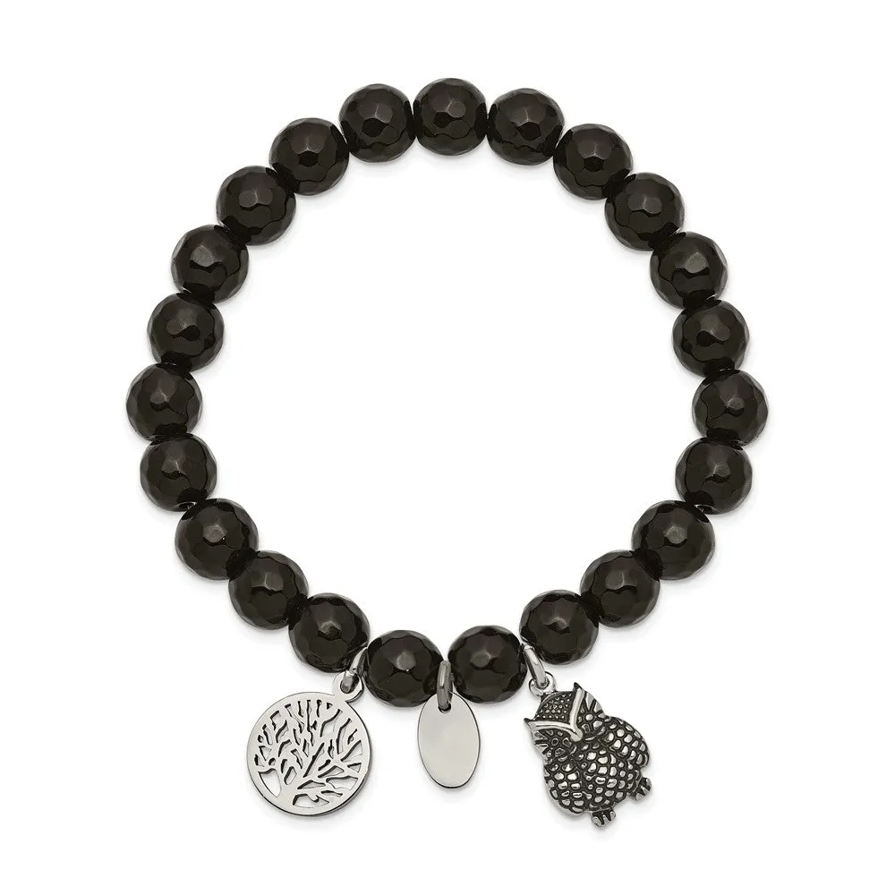 Stainless Steel Antiqued & Polished Owl Black Jade Stretch Bracelet