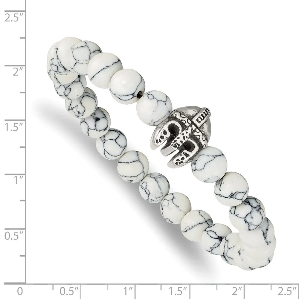 Stainless Steel Antiqued & Polished White Howlite Warrior Stretch Bracelet