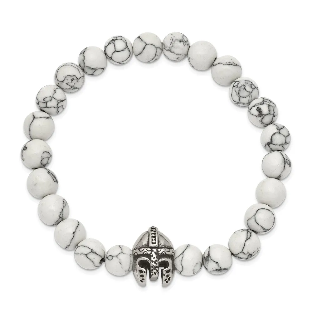 Stainless Steel Antiqued & Polished White Howlite Warrior Stretch Bracelet