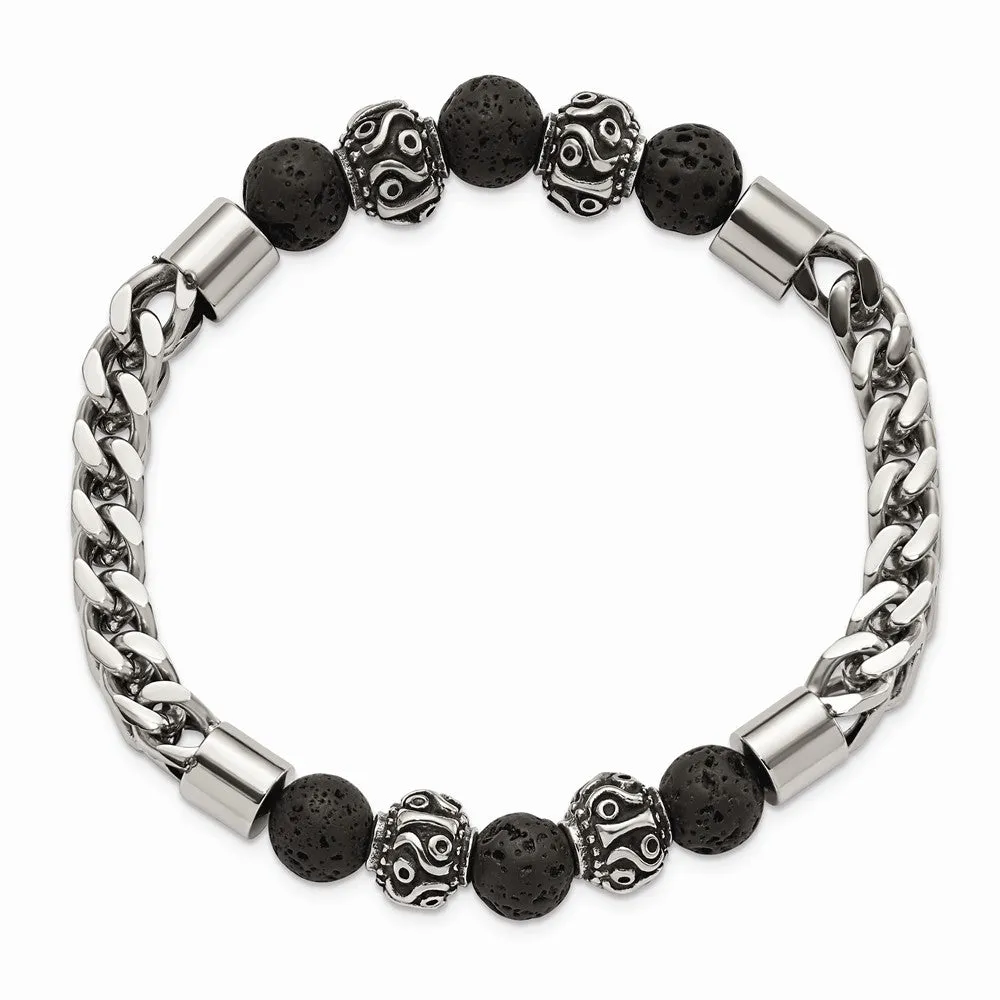 Stainless Steel Antiqued & Polished w/Lava Stone Beads Stretch Bracelet