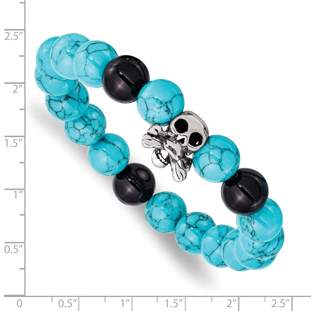 Stainless Steel Antiqued Skull w/Turquoise and Black Onyx Bracelet