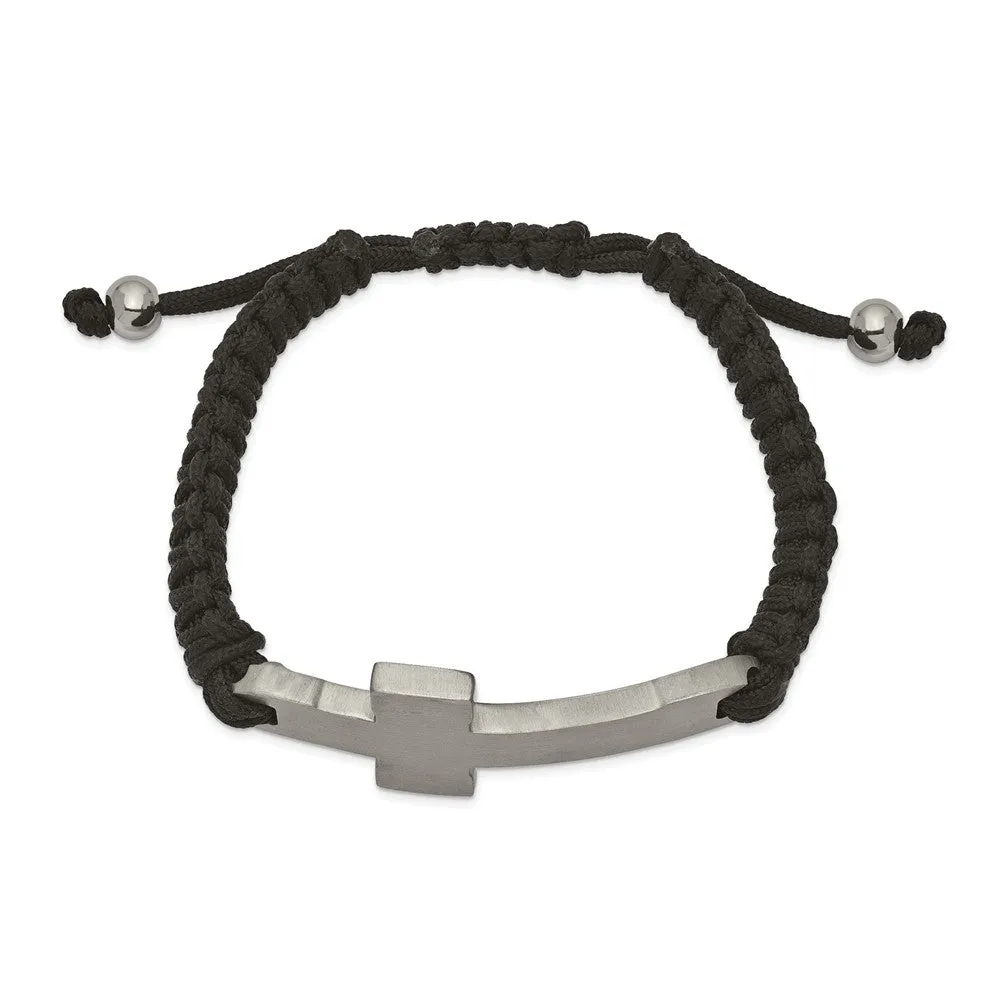 Stainless Steel Brushed and Polished Black Nylon Adjustable Cross Bracelet