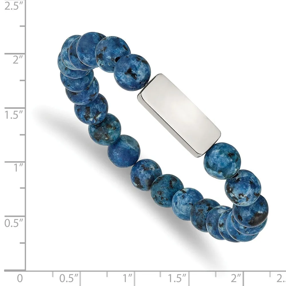 Stainless Steel Polished ID Plate Lapis Bead Stretch Bracelet