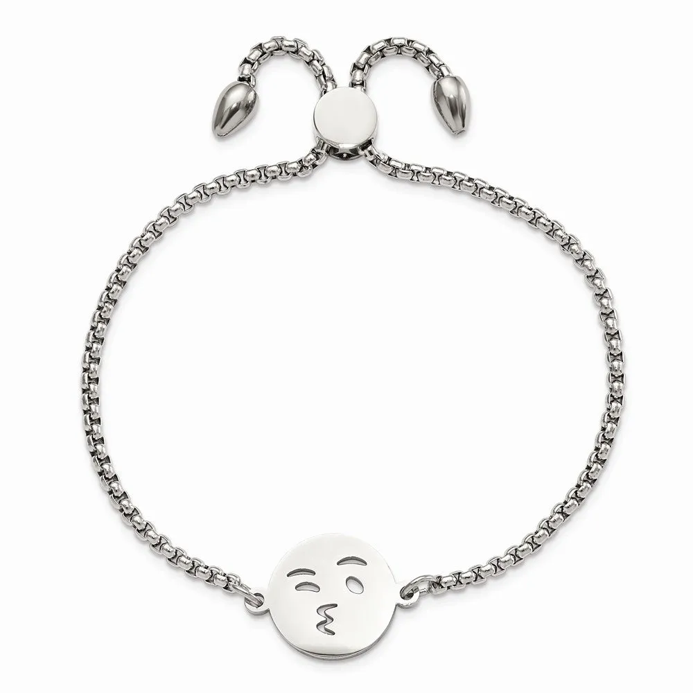 Stainless Steel Polished Kissy Face Emoji Adjustable Bracelet