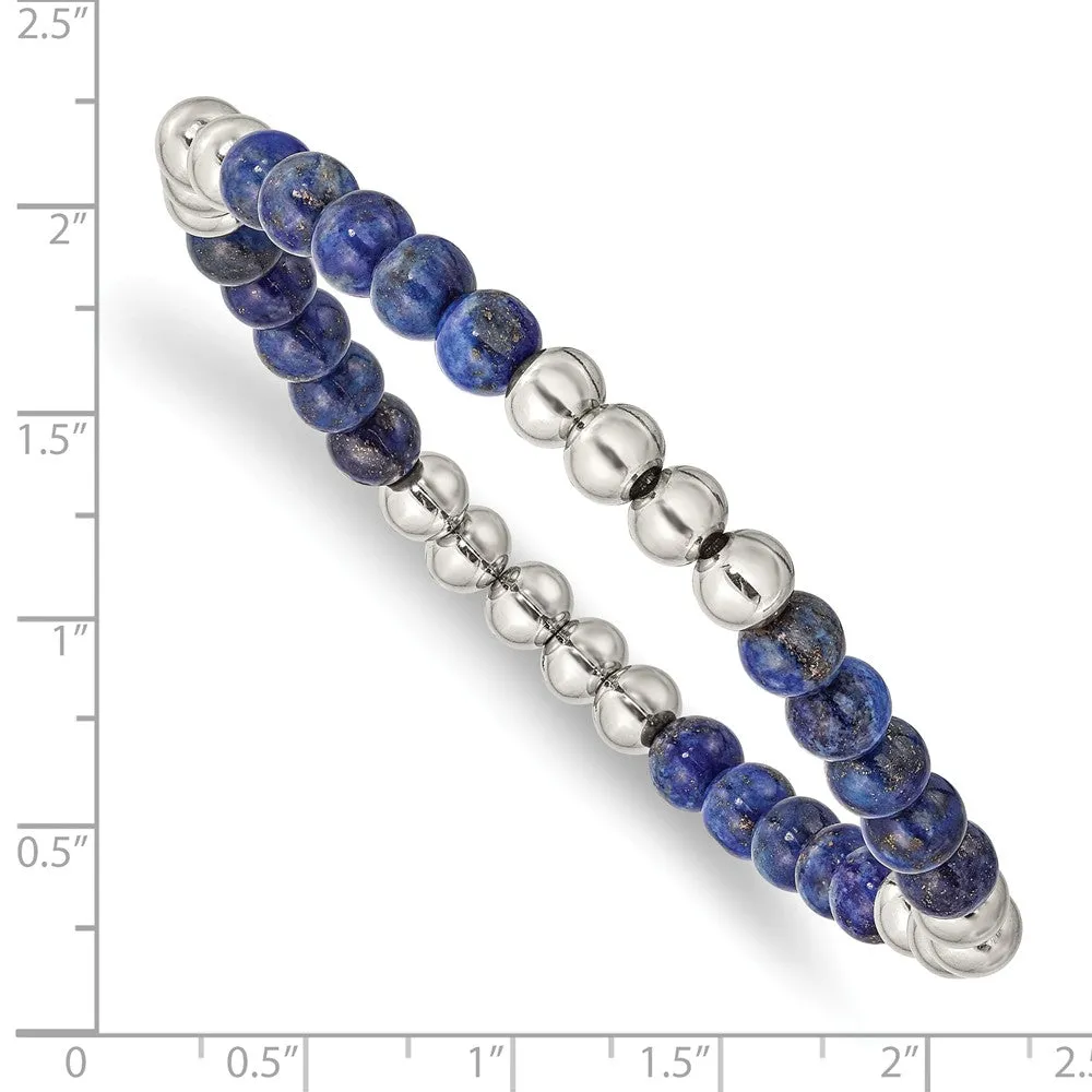 Stainless Steel Polished Lapis Beaded Stretch Bracelet