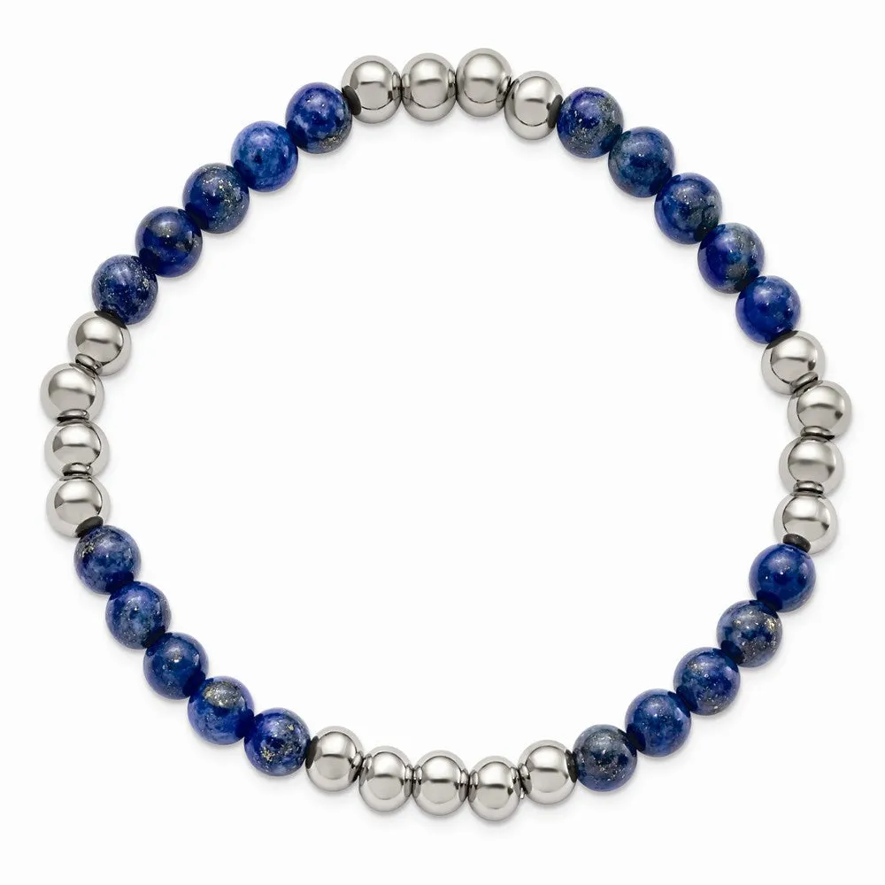 Stainless Steel Polished Lapis Beaded Stretch Bracelet