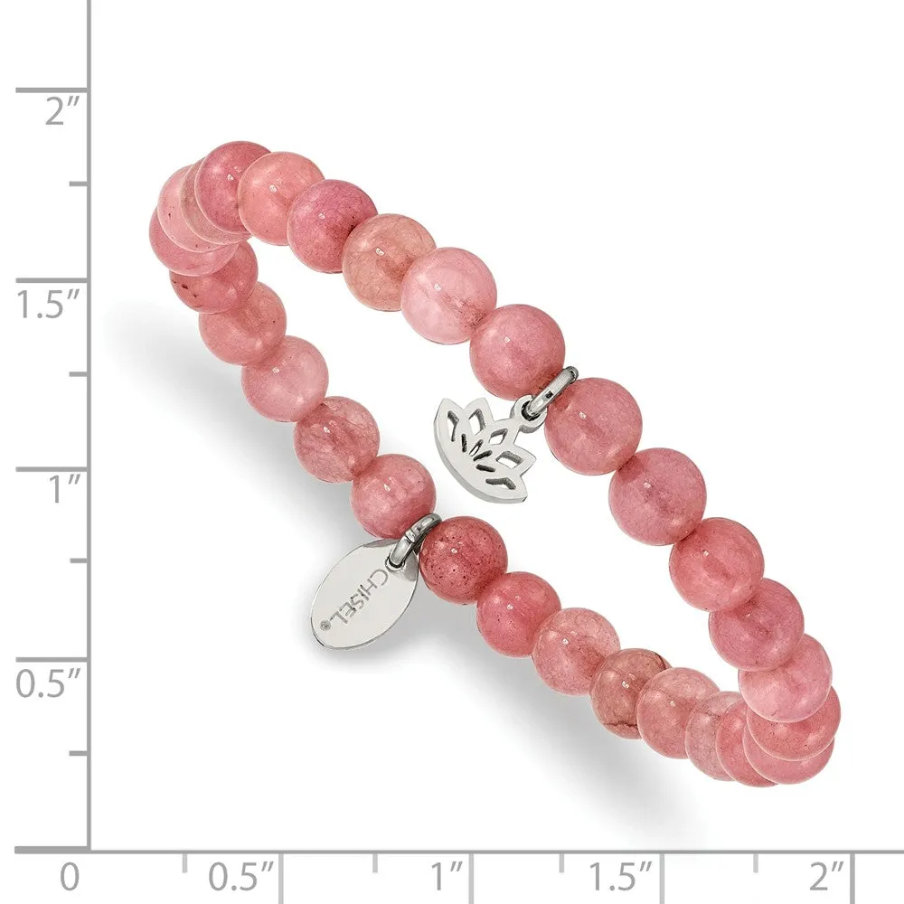 Stainless Steel Polished Lotus Pink Jade Beaded Stretch Bracelet
