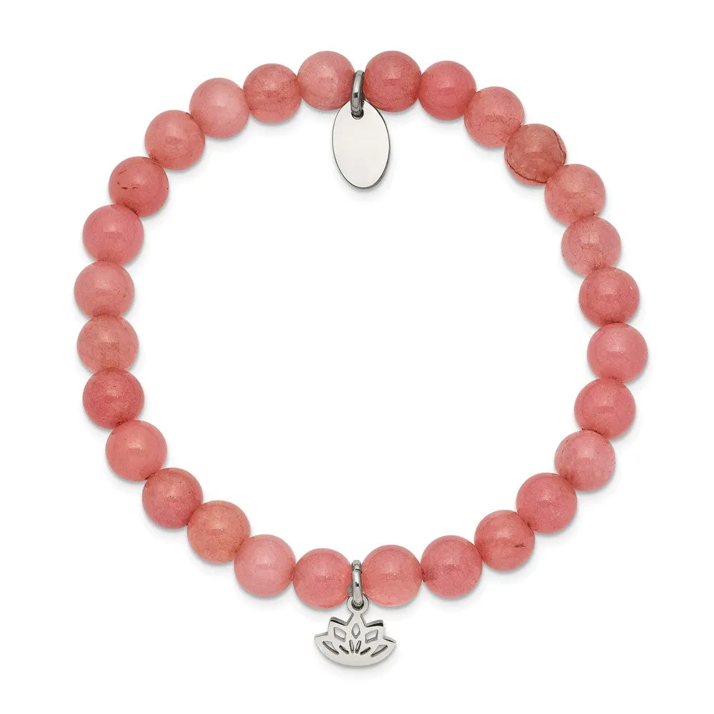 Stainless Steel Polished Lotus Pink Jade Beaded Stretch Bracelet
