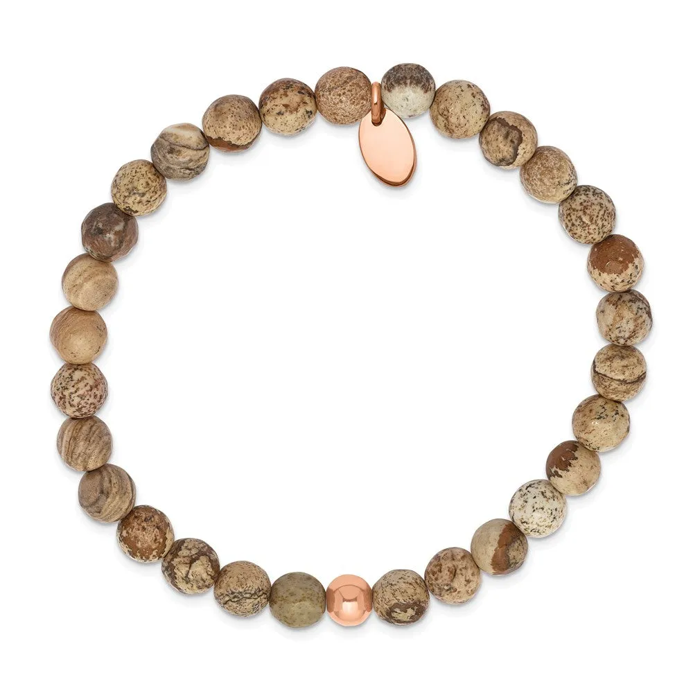 Stainless Steel Polished Rose IP-plated Brown Jasper Stretch Bracelet