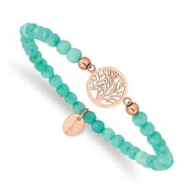 Stainless Steel Polished Rose IP Tree of Life Mint Jade Stretch Bracelet
