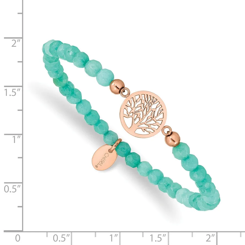 Stainless Steel Polished Rose IP Tree of Life Mint Jade Stretch Bracelet