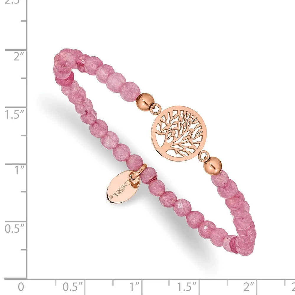 Stainless Steel Polished Rose IP Tree of Life Red Jade Stretch Bracelet