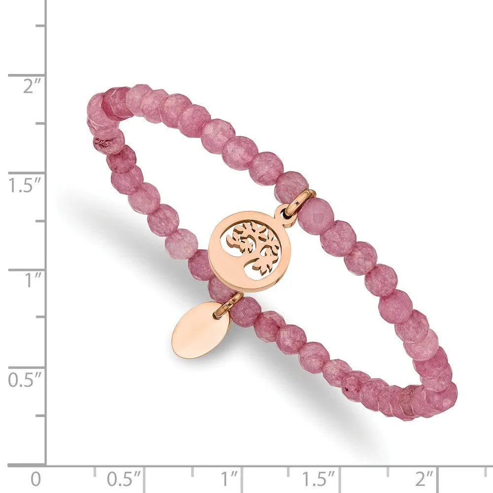 Stainless Steel Polished Rose IP Tree Pink Jade Beaded Stretch Bracelet